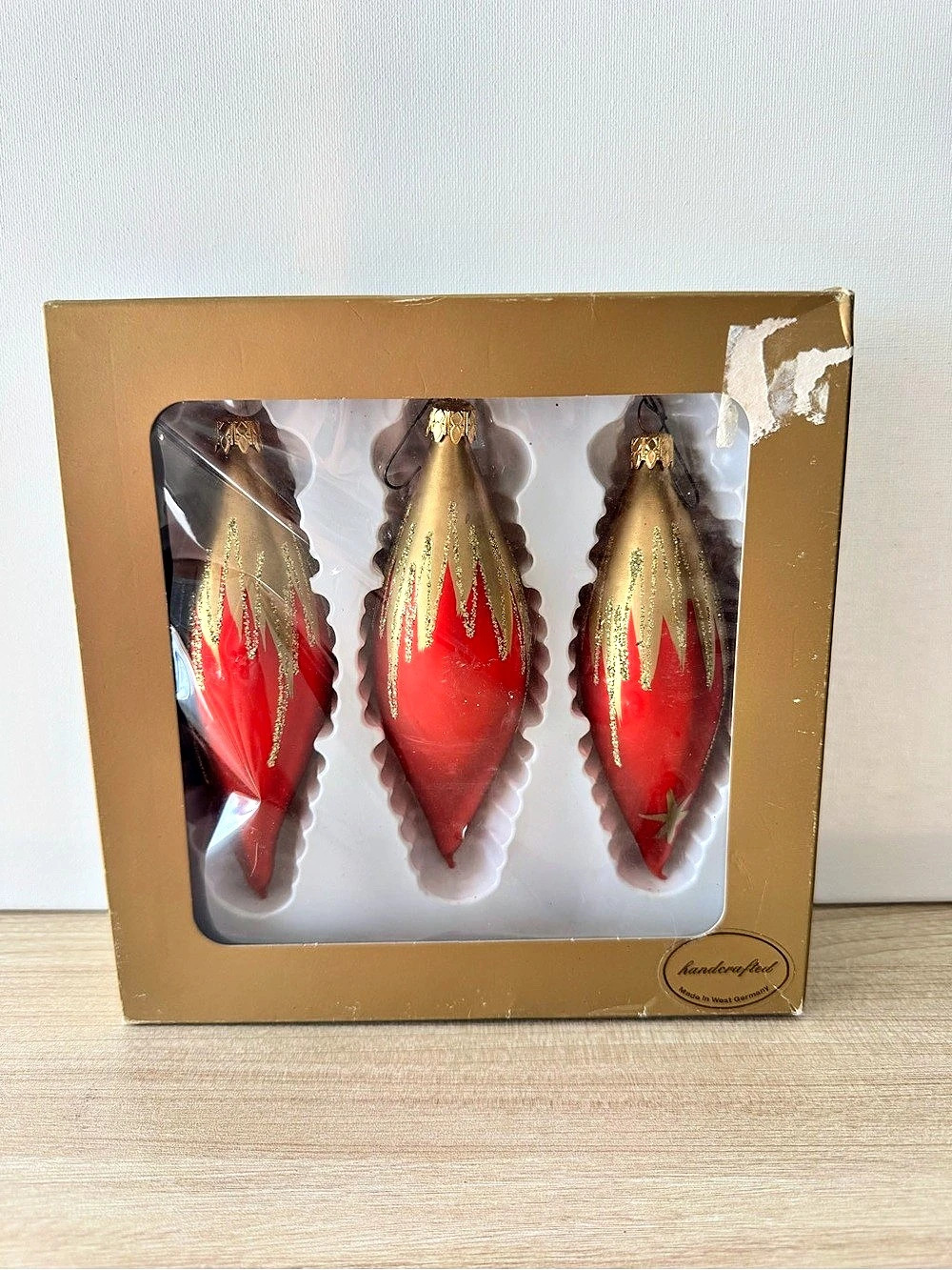 Vintage West Germany Glass Christmas Ornaments Red Gold Finials Set of 3